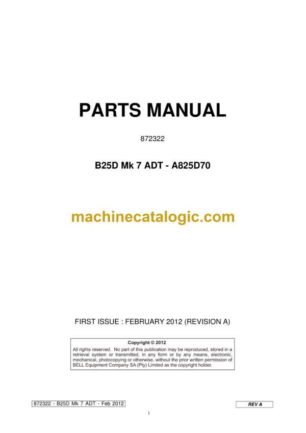 Bell B25D Mk 7 ADT - A825D70 Articulated Dump Truck Parts Manual (872322)