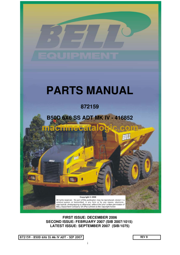 Bell B50D 6X6 SS ADT MK IV Articulated Dump Parts Manual (872159)