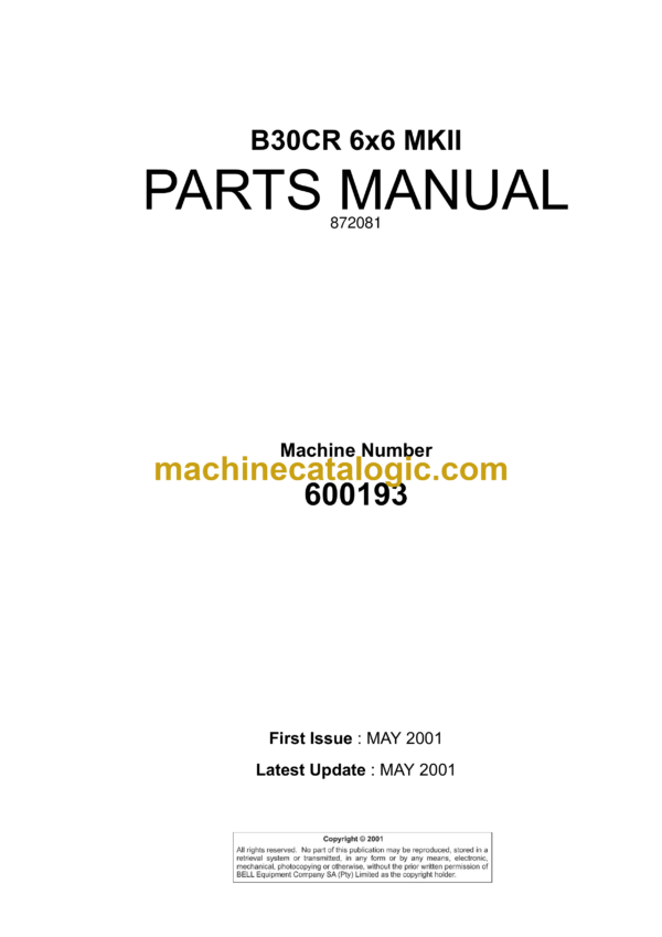 Bell B30CR 6x6 Mk I Articulated Dump Truck Parts Manual (872081)