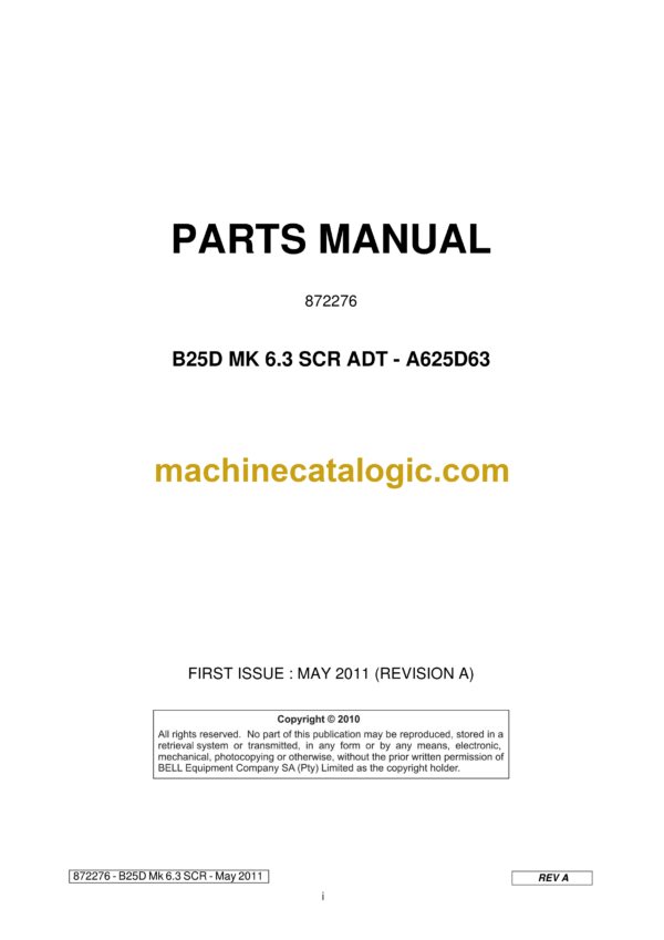 Bell B25D MK 6.3 SCR ADT - A625D63 Articulated Dump Truck Parts Manual (872276)