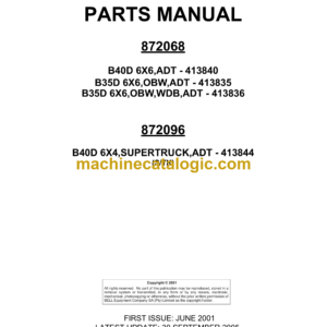 Bell B40D 6X6 ADT - 413840 B35D 6X6, OBW, ADT - 413835 B35D 6X6,OBW,WDB,ADT - 413836 Articulated Dump Truck Parts Manual (872068)