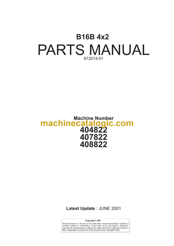 Bell B16B 4x2 Articulated Dump Truck Parts Manual (872014-01 and June 2001)