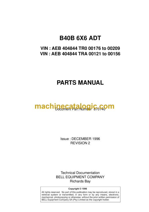 Bell B40B 6X6 ADT Articulated Dump Truck Parts Manual (870140)