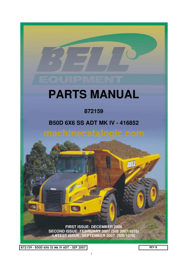 Bell B50D 6X6 SS ADT MK IV Articulated Dump Truck Parts Manual (872159) (416852)