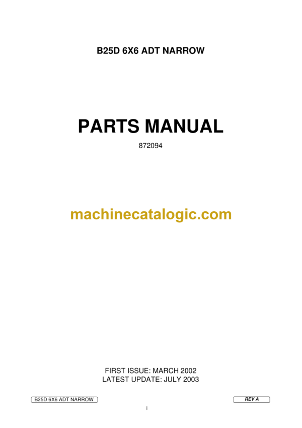 Bell B25D 6X6 ADT Narrow Articulated Dump Truck Parts Manual (872094 - July 2003)