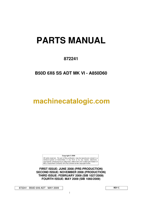 Bell B50D 6X6 SS ADT MK VI Articulated Dump Truck Parts Manual (872241) (A850D60)