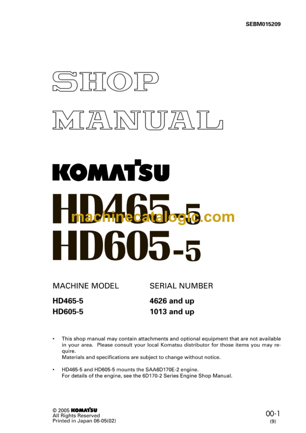 Komatsu HD465-5, HD605-5 Dump Truck Shop Manual (SEBM015209)