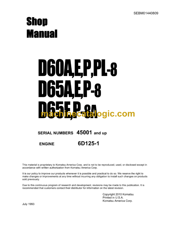 Komatsu D60A,E,P,PL-8D65A,E,P-8D65E,P-8A Dump Truck Shop Manual (SEBM01440809)