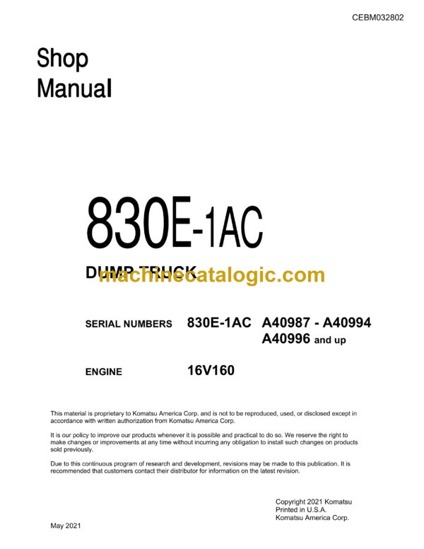 Komatsu 830E-1AC Dump Truck Shop Manual (CEBM032802)