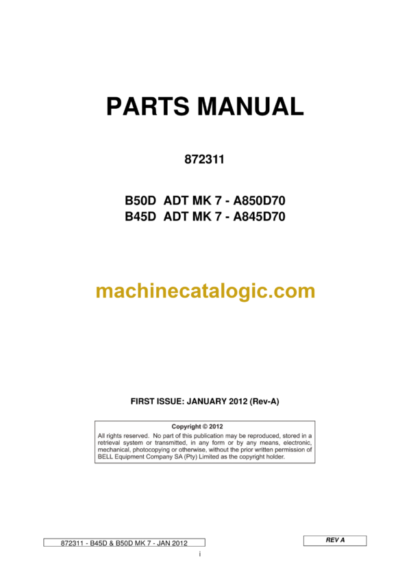 Bell B50D, B45D ADT MK 7 Articulated Dump Truck Parts Manual (872311) (A850D70, A845D70)