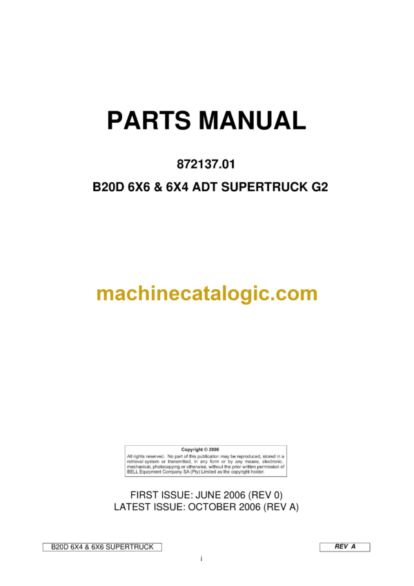 Bell B20D 6x6 & 6x4 ADT Supertruck G2 Articulated Dump Truck Parts Manual (872137.01)