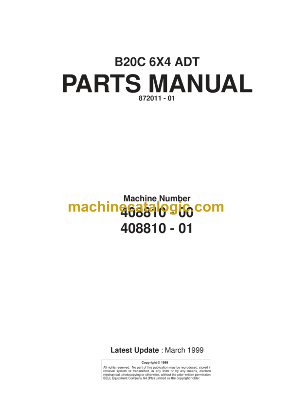 Bell B20C 6X4 ADT Articulated Dump Truck Parts Manual (872011-01, March 1999)