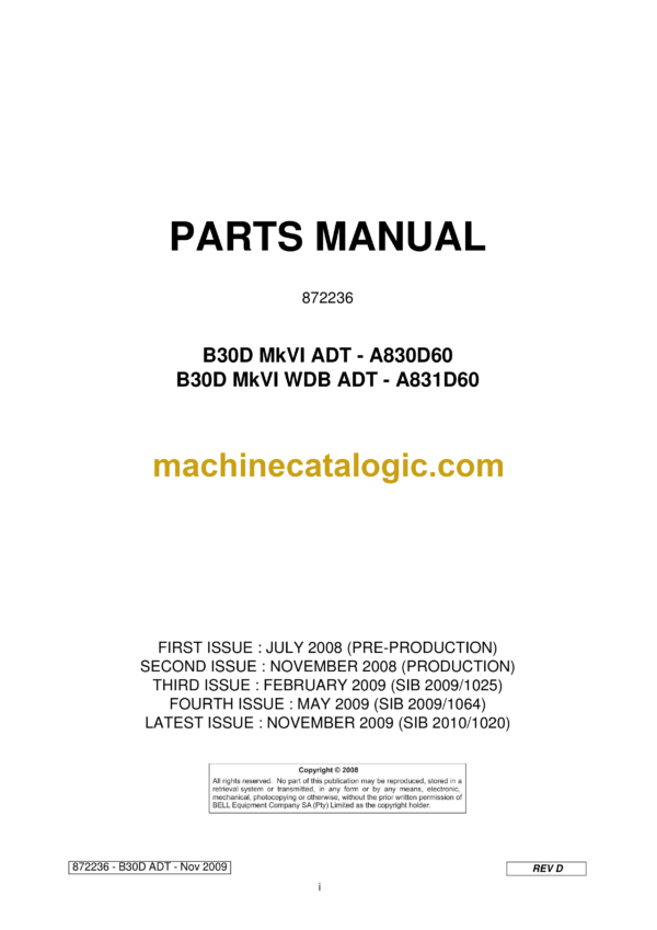 Bell B30D MkVI ADT - A830D60, B30D MkVI WDB ADT - A831D60 Articulated Dump Truck Parts Manual (872236)