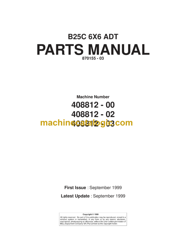 Bell B25C 6x6 ADT Articulated Dump Truck Parts Manual (870155-03)