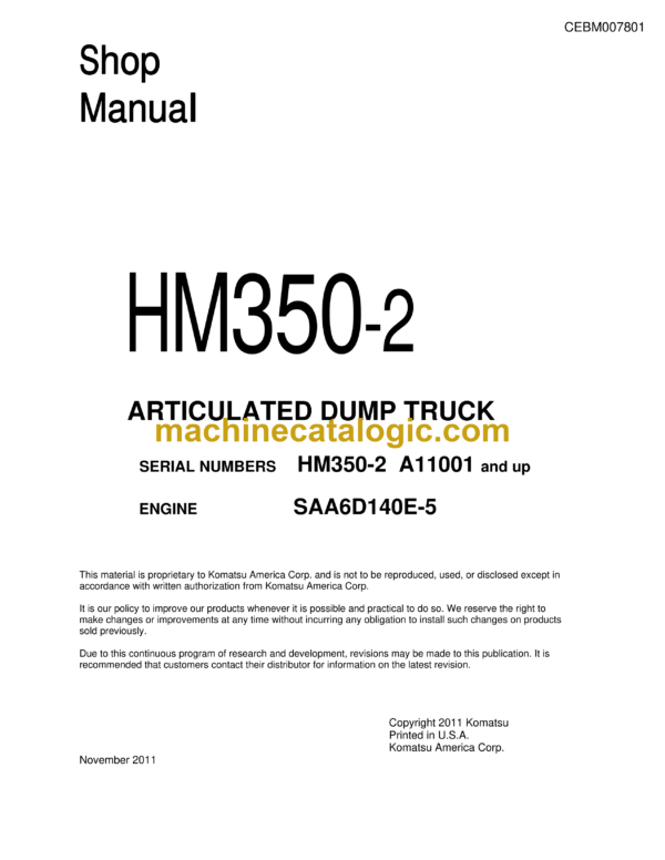 Komatsu HM350-2 Articulated Dump Truck Shop Manual (CEBM007801)