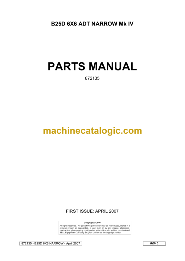 Bell B25D 6X6 ADT Narrow Mk IV Articulated Dump Truck Parts Manual (872135)