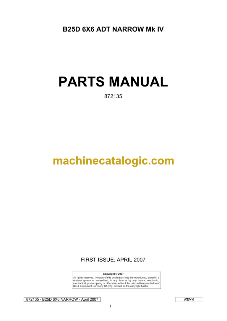 Bell B25D 6X6 ADT Narrow Mk IV Articulated Dump Truck Parts Manual (872135)