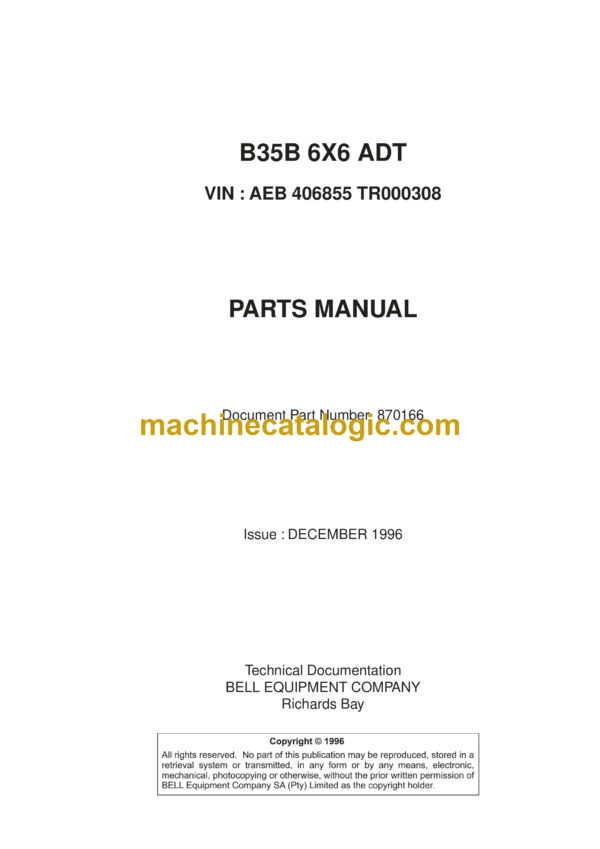 Bell B35B 6X6 ADT Articulated Dump Truck Parts Manual (870166)