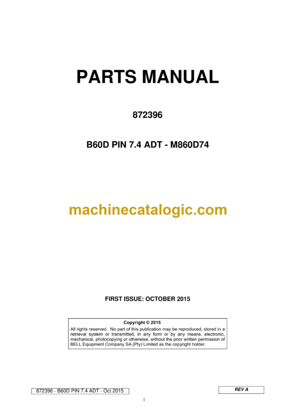 Bell B60D PIN 7.4 ADT - M860D74 Articulated Dump Truck Parts Manual (872396)