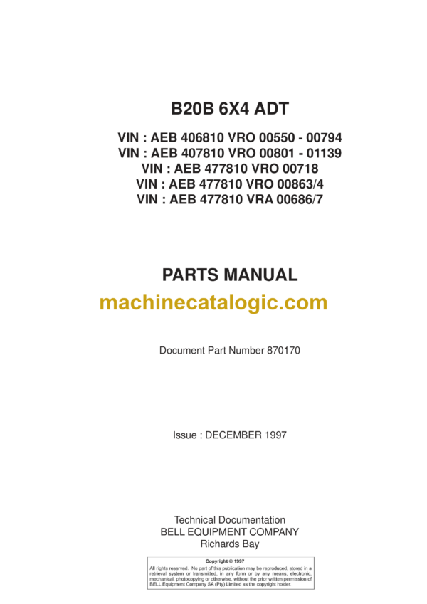 Bell B20B 6X4 ADT Articulated Dump Truck Parts Manual (870170, December 1997)