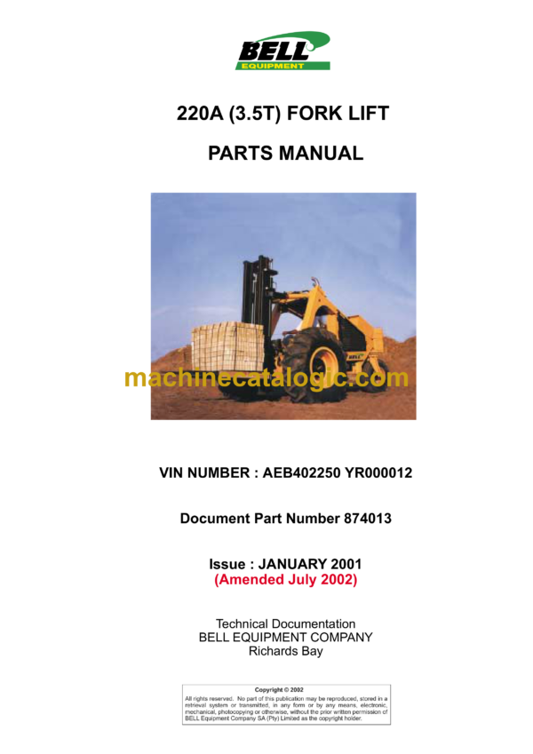 Bell 220A 3.5T Forklift Parts Manual (874013 July 2002, 874067, 874123)