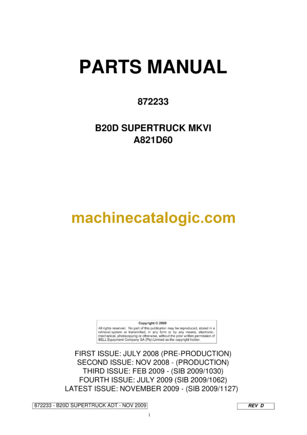 Bell B20D Supertruck MKVI Parts Manual (872233) (A821D60)