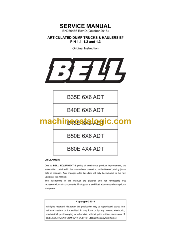 Bell B35E 6X6 ADT, B40E 6X6 ADT, B45E 66 ADT, B50E 6X6 ADT, B60E 4X4 ADT Articulated Dump Truck Service Manual (BN039466)