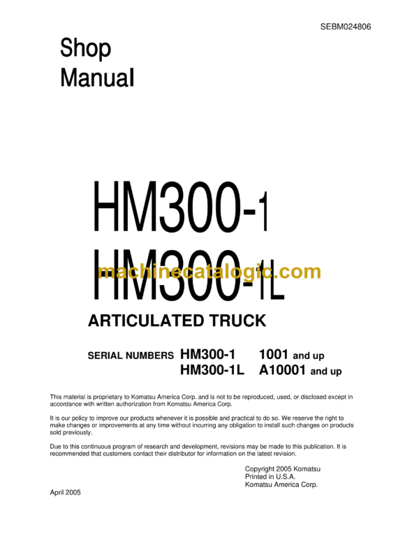 Komatsu HM300-1, HM300-1L Articulated Truck Shop Manual (SEBM024806)