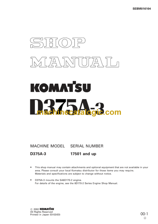 Komatsu D375A-3 Dump Truck Shop Manual (SEBM016104)