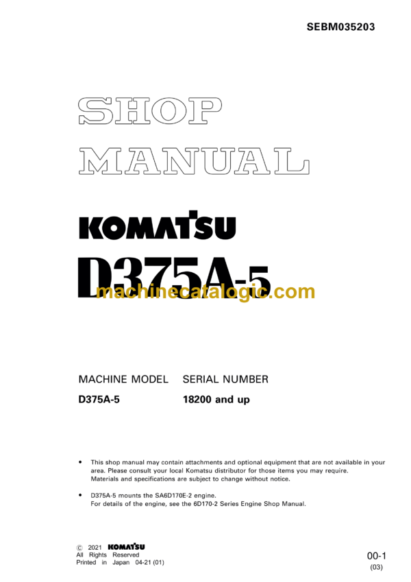 Komatsu D375A-5 Dump Truck Shop Manual (SEBM035203)