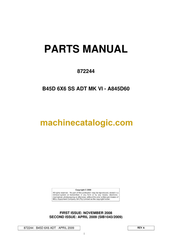 Bell B45D 6X6 SS ADT MK VI Articulated Dump Truck Parts Manual (842244) (A845D60)