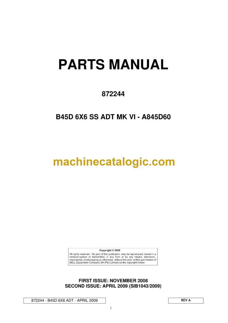 Bell B45D 6X6 SS ADT MK VI Articulated Dump Truck Parts Manual (842244) (A845D60)