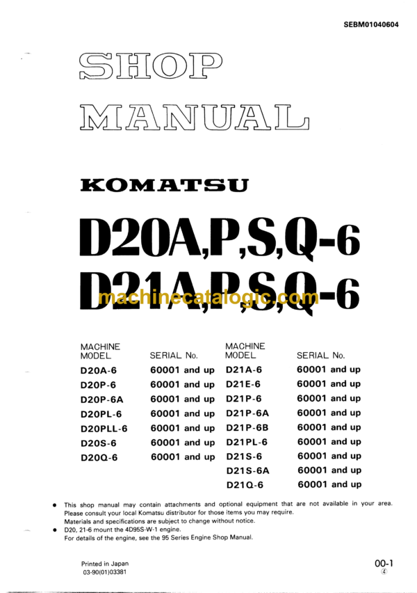 Komatsu D20A,P,S,Q-6 D21A,P,S,Q-6 Dump Truck Shop Manual (SEBM01040604)