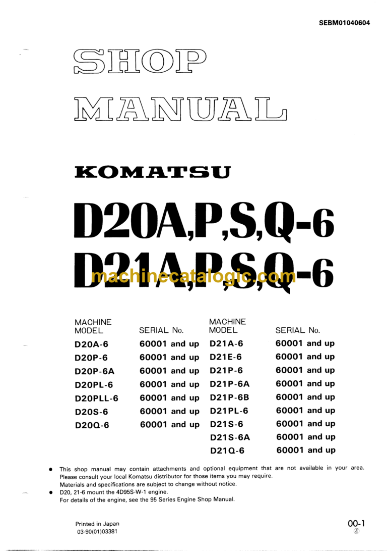 Komatsu D20A,P,S,Q-6 D21A,P,S,Q-6 Dump Truck Shop Manual (SEBM01040604)