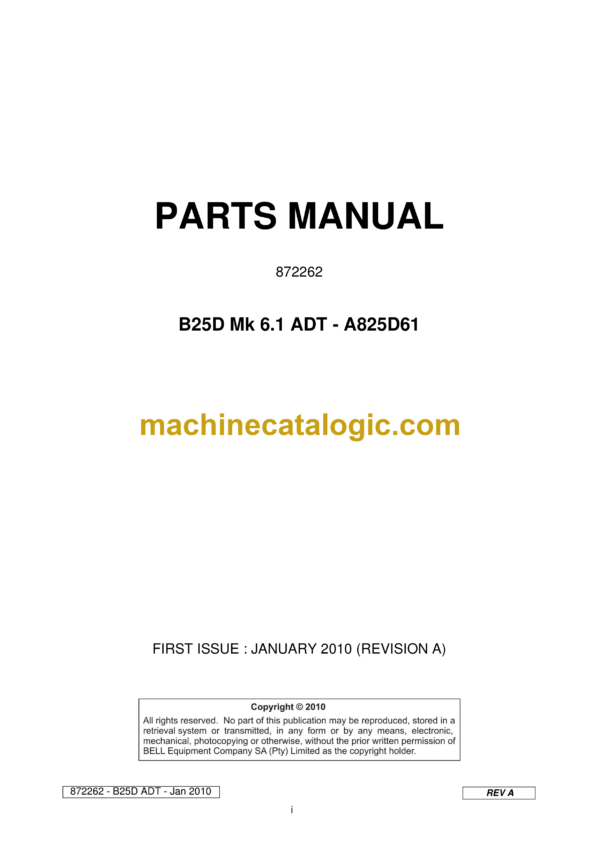 Bell B25D Mk 6.1 ADT - A825D61 Articulated Dump Truck Parts Manual (872262)