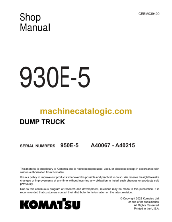 Komatsu 930E-5 Dump Truck Shop Manual (CEBM039400)