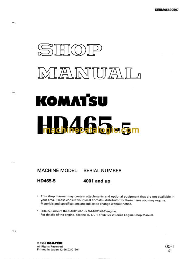 Komatsu HD465-5 Dump Truck Shop Manual (SEBM05690507)