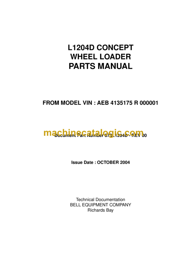 Bell L1204D Concept Wheel Loader Parts Manual (873L1204D)