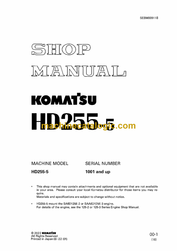 Komatsu HD255-5 Dump Truck Shop Manual (SEBM009118)