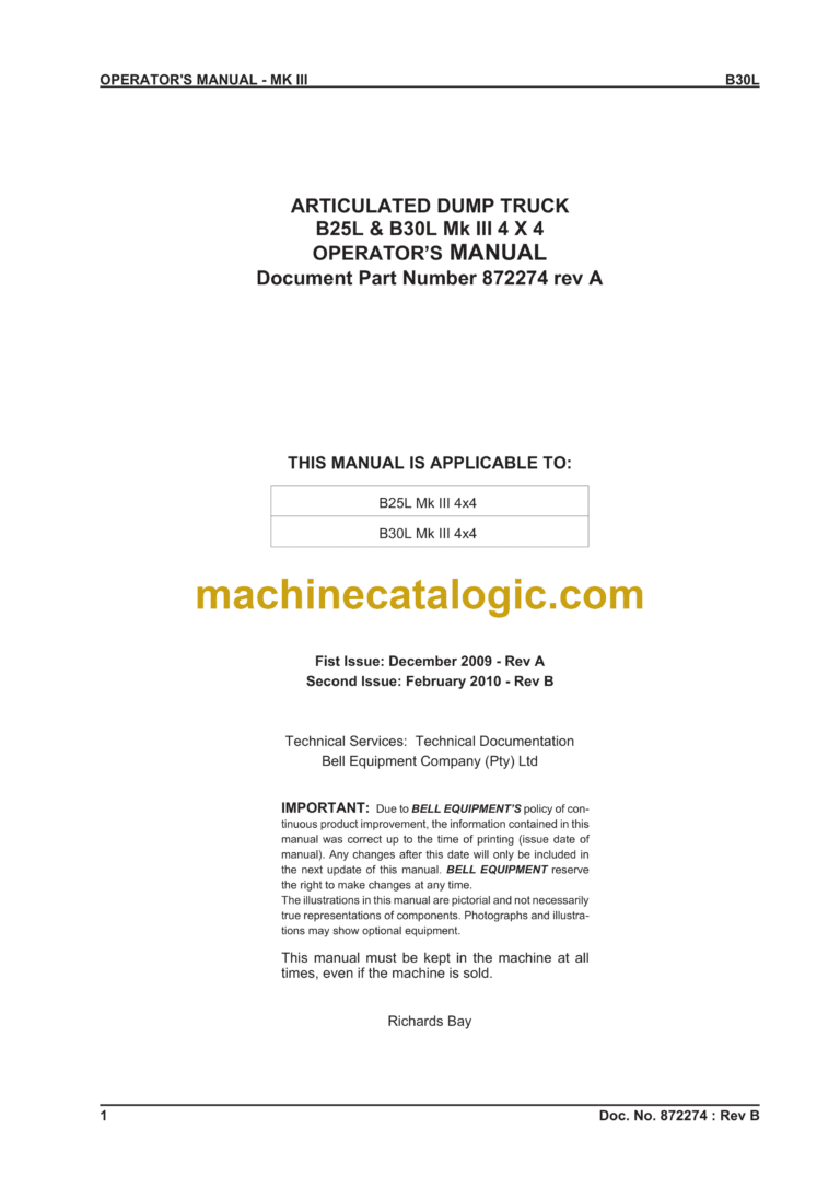 Bell B25L & B30L Mk III 4X4 Articulated Dump Truck Operator's Manual (872274)