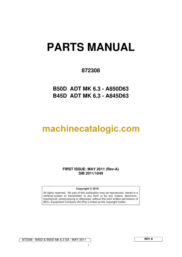 Bell B50D ADT MK 6.3 - A850D63, B45D ADT MK 6.3 - A845D63 Articulated Dump Truck Parts Manual (872308)