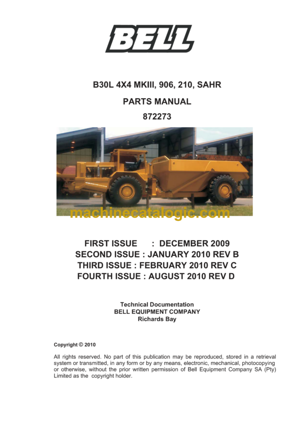 Bell B30L 4X4 MKIII, 906, 210, SAHR Articulated Dump Truck Parts Manual (872273)