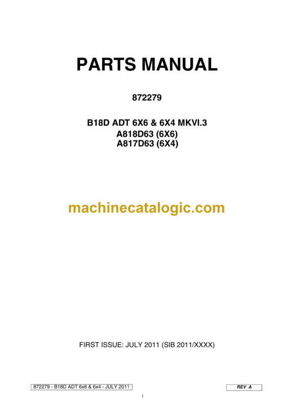 Bell B18D ADT 6X6 & 6X4 MKVI.3, A818D63 6X6, A817D63 6X4 Articulated Dump Truck Parts Manual (872279)