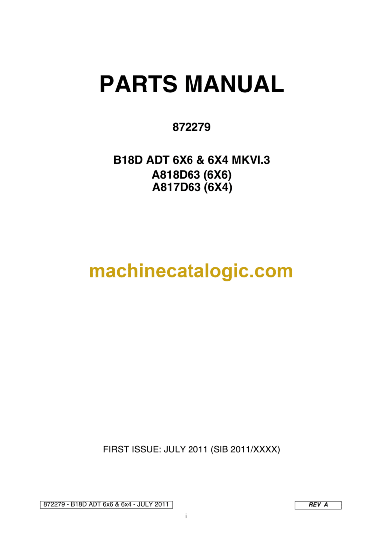 Bell B18D ADT 6X6 & 6X4 MKVI.3, A818D63 6X6, A817D63 6X4 Articulated Dump Truck Parts Manual (872279)