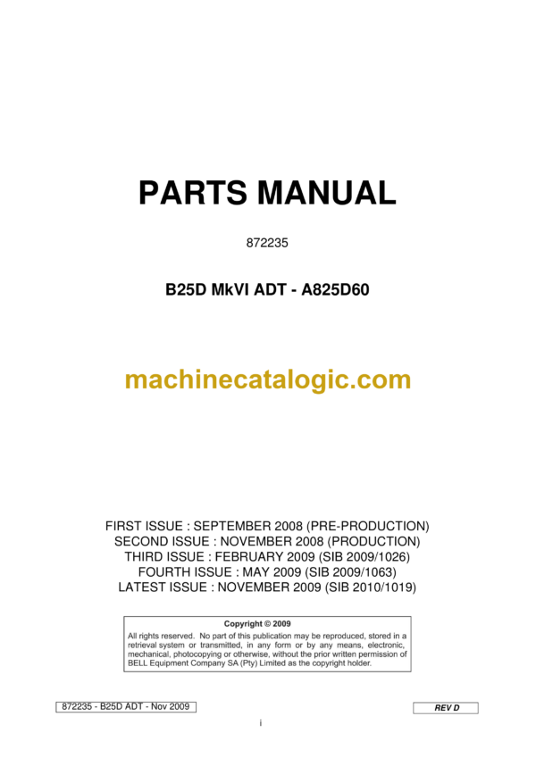 Bell B25D Mk VI ADT - A825D60 Articulated Dump Truck Parts Manual (872235)