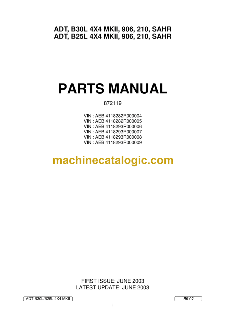 Bell B30L 4X4 MKII, 906, 210, SAHR; B25L 4X4 MKII, 906, 210, SAHR Articulated Dump Truck Parts Manual (872119)