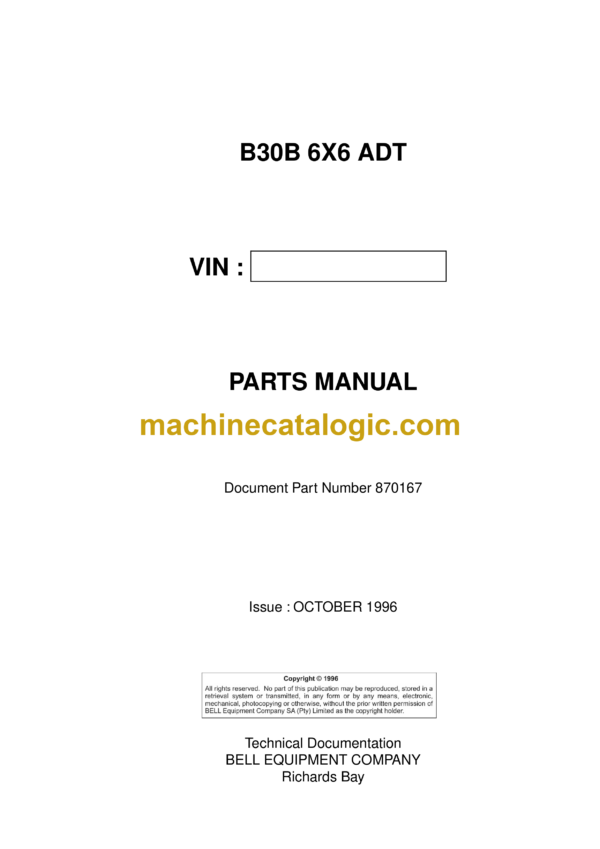 Bell B30B 6X6 ADT Articulated Dump Truck Parts Manual (870167)