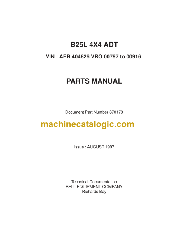 Bell B25L 4X4 ADT Articulated Dump Truck Parts Manual (870173)