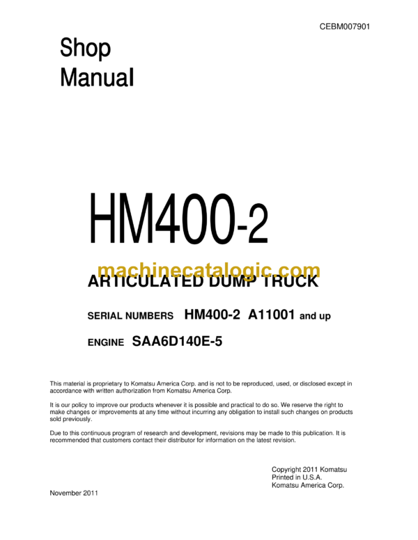 Komatsu HM400-2 Articulated Dump Truck Shop Manual (CEBM007901)