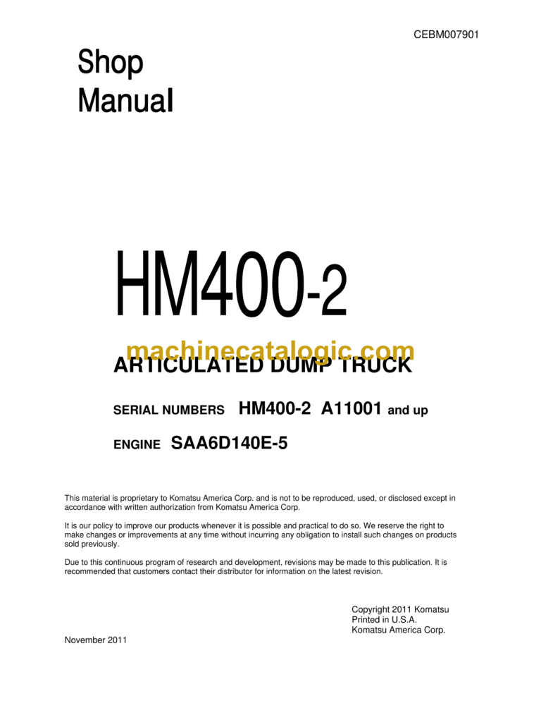 Komatsu HM400-2 Articulated Dump Truck Shop Manual (CEBM007901)